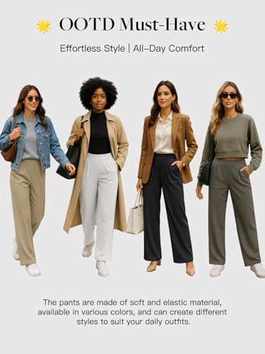 Feiersi Women Stretchy Wide Leg Pants Soft Elastic High Waisted Casual Palazzo Pants Trousers with Pockets4