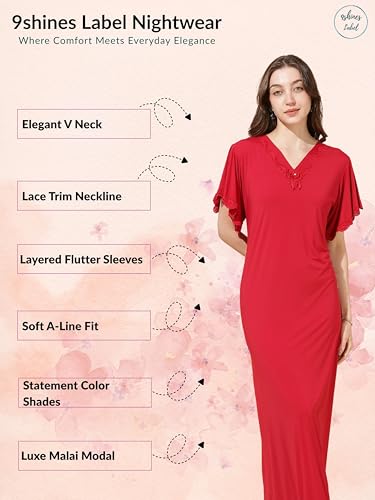 Image of 9shines Label Stylish Soft Modal Maxi Nighty | Honeymoon Nighty | Full Length Trendy Nightgown | V-Neck Lace | Premium Nightdress | Soft Long Nightdress | Maxi Gown Nightwear for Women (Malai Satin)