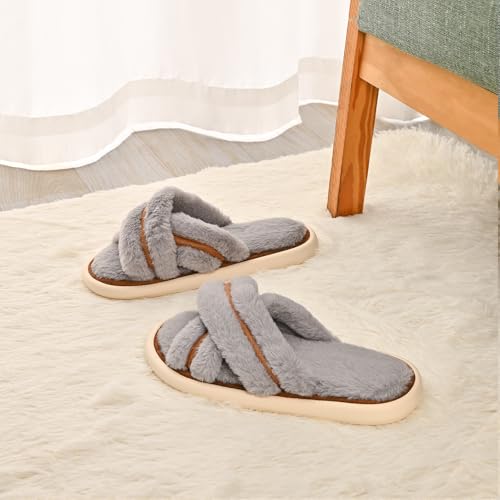 Women's Cross Band Slippers with Cozy Comfy Lining, Plush Warm Furry Open Toe House Shoes, Non-Slip Sole Slippers for Women4