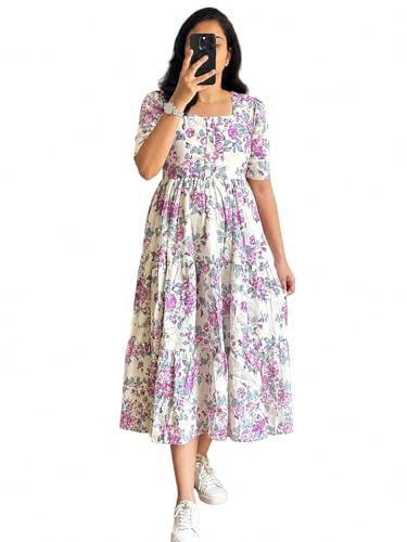Image of Women's Pure Cotton Maxi Midi Dress Western Dress for Women Elegant Floral Printed Long Dresses | Soft & Breathable Fabric | Casual Trending Dress