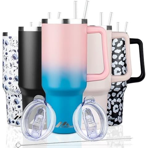 40 oz Tumbler with Handle and Straw Lid | Stainless Steel Water Bottle Travel Mug Reusable Insulated Cup With Lid And Straw, 100% Leak Proof, Keep Cold Heat and Ice for Hours(40oz,Pink Blue) Cover