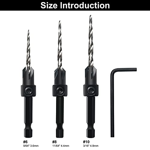 Gmtools Countersink Drill Bit Set, 3Pcs Tapered Drill Bits M2 Hss, With 1/4" Hex Shank Quick Change And Allen Wrench, Counter Sinker Set For Woodworking And Carpentry, Pilot Screw Hole Set #TOP1