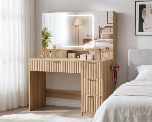COMHOMA Vanity Desk with 3-Way Mirror and Lights Makeup Vanity with 360 View Mirror 3 Lighting Modes 6 Drawers Storage Cabinet Fluted Wood Vanity Table with Jewelry Hook for Women Girls