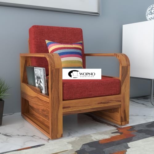 Image of Solid Sheesham Wooden 1 Seater Sofa for Living Room | Sofa with Side Pocket Storage & Cushion | Rosewood Sofa Set for Home (Honey with Red Cushion, 1 Seater)