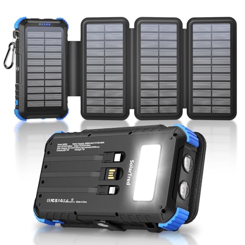 Solar Power Bank 45800mAh with 4 Panels, Portable Solar Charger with Build-in 3 Cables for iPhone, USB C in/Output 15W Fast Charging External Battery Pack with Flashlight & Camping Light