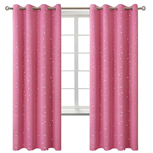 Image of BGment Pink Star Blackout Curtains for Kid's Bedroom - Grommet Thermal Insulated Room Darkening Printed Curtains for Living Room, Set of 2 Panels, 52 x 72 Inch