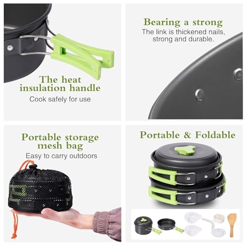 Image of 14-Piece Camping Cookware Mess Kit with Portable Gas Stove, Lightweight Nonstick Pot & Pan Set with Spork, Bowls, Sponge & Travel Bag - Compact Outdoor Cooking Gear for Backpacking, Hiking