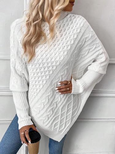 Image of MakeMeChic Women's Turtleneck Cable Knit Poncho Sweater Asymmetrical Long Sleeve Pullover Top White Large
