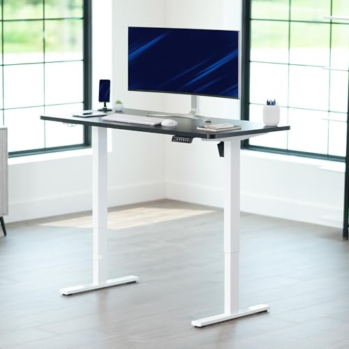 Image of VIVO Black 55 x 28 in Standing Desk, DESK-KIT-1W55B | Electric, Holds 220 lbs, Sit Stand, Height Adjustable, Solid One-Piece Table Top, Memory Presets, 1B Series, White Frame
