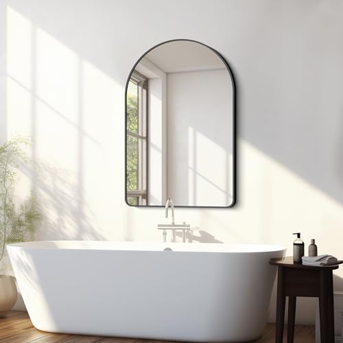 Image of FORBATH Arched Bathroom Mirror 26x38 Inch, Bathroom Mirror Wall Mounted Modern Black Aluminum Alloy Frame Decor Dresser Mirror for Bedroom Living Room Entryway, Hanging or Leaning Against Wall