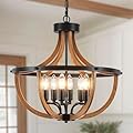 Vintage Wood Black Farmhouse Cage Chandelier – 6-Light Adjustable Round Pendant Fixture for Kitchen Islands, Dining Rooms, Cafe, Bar, 19.48”