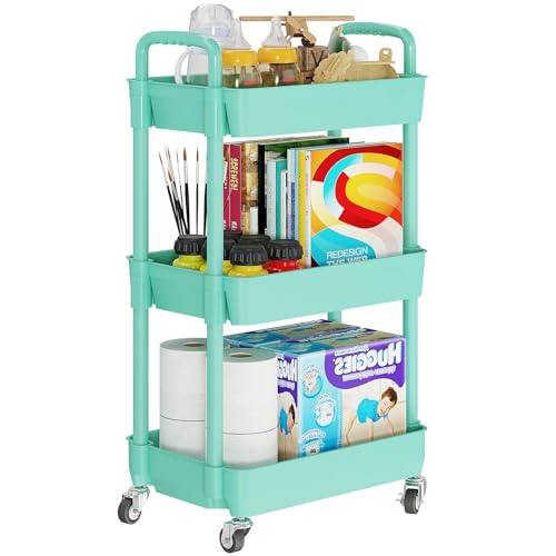 Laiensia 3-Tier Rolling Cart with Wheels,Multifunction Utility Storage Carts, Kitchen Storage Organizer,Mobile Shelving Unit for Bathroom,Laundry,with Classified Stickers,Green