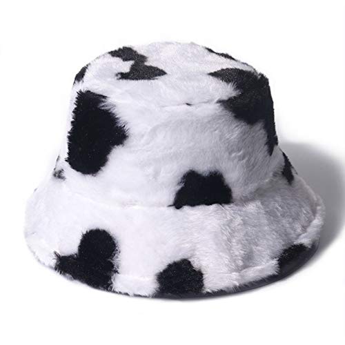 Women's Milk Cow Print Faux Fur Bucket Hat Fluffy Winter Warmer Fisherman Cap Warm Windproof Hat For Women For Girls Black #TOP4