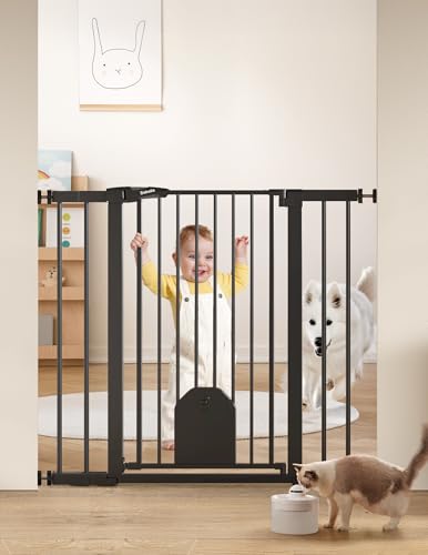 Image of Babelio 36" Tall Auto Close Baby Gate with Small Cat Door, 29-43" Metal Cat Gate for Doorway, Stairs, House. Easy Walk Thru Dog Gate with pet Door, Includes 4 Wall Cups and 3 Extension Pieces, Black