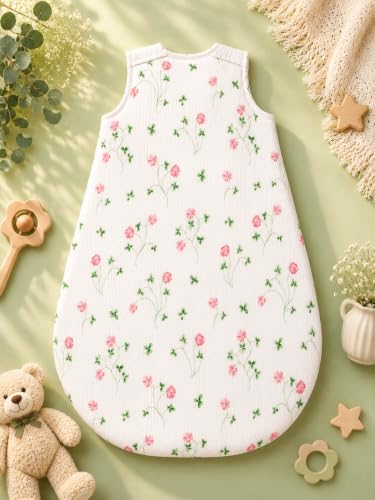 Image of TuddyBuddy Baby Cotton Wearable Quilted Sleeping Bag Blanket 1.5 Tog with 1 Way Zipper Closure | Ideal for Babies & Kids Hypoallergenic Fabrics | (Pink Floral & Leaves - Ribbed White, 6-12 Months)