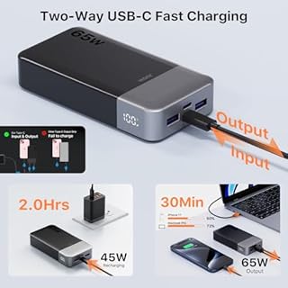 JUOVI Laptop Power Bank 20000mAh 65W, USB C In&Out Ricarica Rapida Powerbank Caricatore Portatile, Batteria Portatile Compatibile con Phone MacBook Tablet PC Computer Steam Deck J2931 (Nero)