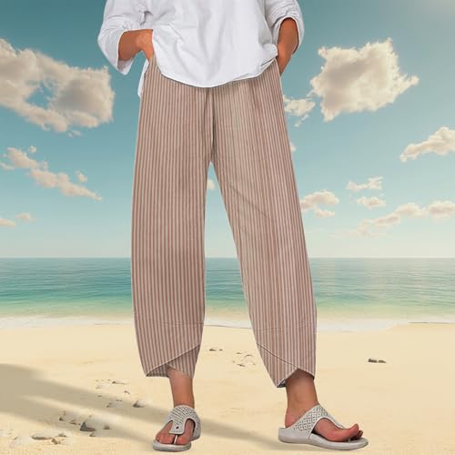 Striped Linen Pants for Women Summer Casual Wide Leg Capri Pants with Pockets Comfy Cropped Palazzo Pants2