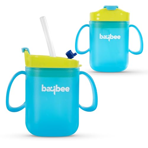 Image of BAYBEE Hazzy 2 in 1 280ml Baby Sipper Bottle for Kids, Drinking Training Anti Spill Sippy Cup with Silicone Straw, Spill Proof & Non-Slip Twin Handles | Spout Sipper Cup for Infants 6+ Months (Blue)