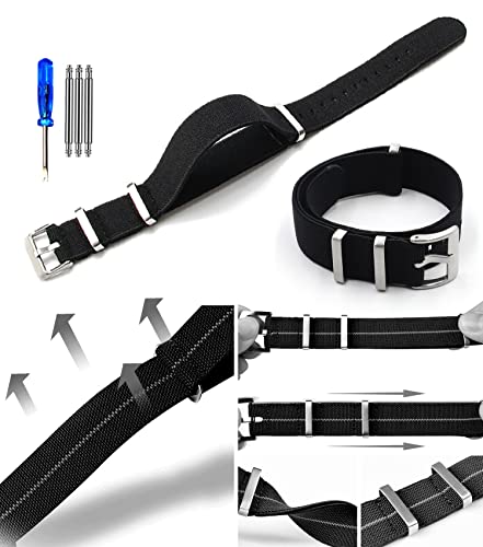 Jbr Elastic Parachute Nylon Strap - Waterproof Ballistic Nylon One-Piece Military Style Watch Band Unisex - Color And Width - 18 Mm 20 Mm Or 22 Mm (Black, 20Mm) #TOP4
