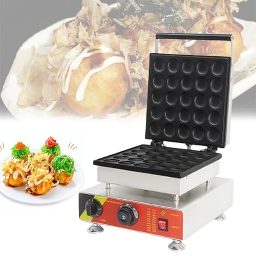 Sartén para hacer Takoyaki de 1500 W/220 V, máquina de parrilla eléctrica de 25 agujeros, rango de temperatura ajustable 122-572 ℉ (50-300 ℃), diámetro del molde para hornear 1,9 pulgadas/49 mm