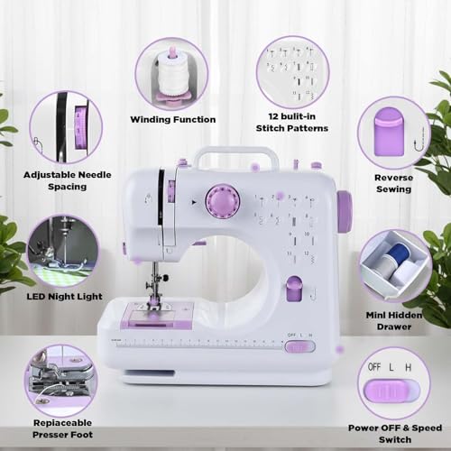 Image of This lightweight Sewing machine is designed for convenience and versatility. Sewing Machine for Beginners,Portable 12 Built-in Stitches,(High-Low Speeds),505UJH.DC Power Supply Method.
