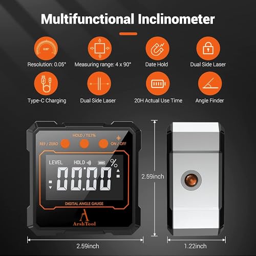 Arshtool 5341 3-In-1 Digital Angle Gauge Angle Finder Arshtool Laser Leveler Rechargable Built-In Battery Led Magnetic Digital Level Box/Protractor/Inclinometer thumb #1