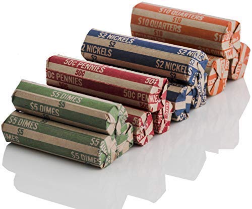 J Mark 100 Count Assorted Flat Coin Roll Wrappers - Made in USA, 25 Each of Quarter, Penny, Nickel and Dime Rollers and J Mark Coin Deposit Slip