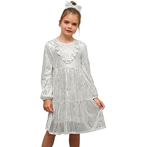 GRACE KARIN Big Girls Christmas Fancy Sequin Dress Crew Neck Long Sleeve Easter Party Dress with Hair Bow Silver 9-10Y Cover