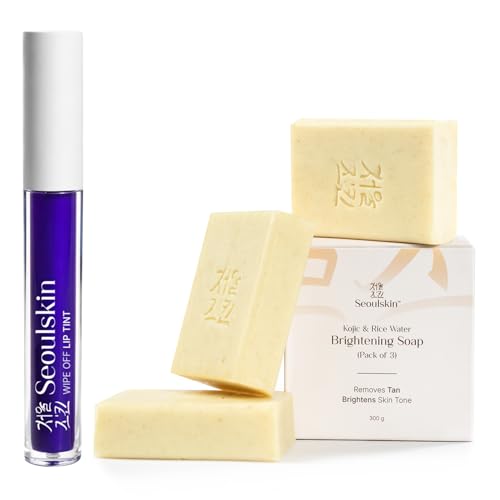 Image of Seoulskin Lip & Skin Glow Combo | Wipe Off Lip Tint Petal Pink 4ml + Kojic & Rice Water Brightening Soap Pack of 3 (3x100g) | Long Lasting Lip Stain & Tan Removal Soap for Radiant Skin