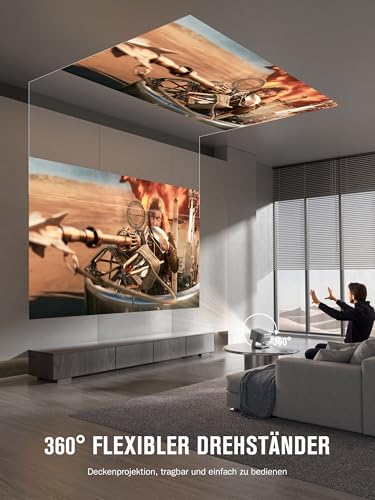 [30000Lumen & Offiziell lizenzierte App] Smart Beamer 4K Heimkino, VISSPL 3D Dolby Audio und Autofokus Outdoor Projektor Handy, WiFi6 Bluetooth Video Projektor mit 360° verstellbarem Standfuß