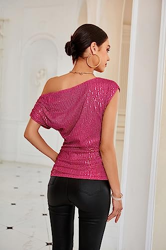 Image of GRACE KARIN One Shoulder Sequin Sparkly Tops for Women Ruched Asymmetrical Glitter Tops Slimming Sparkle Party Shirts