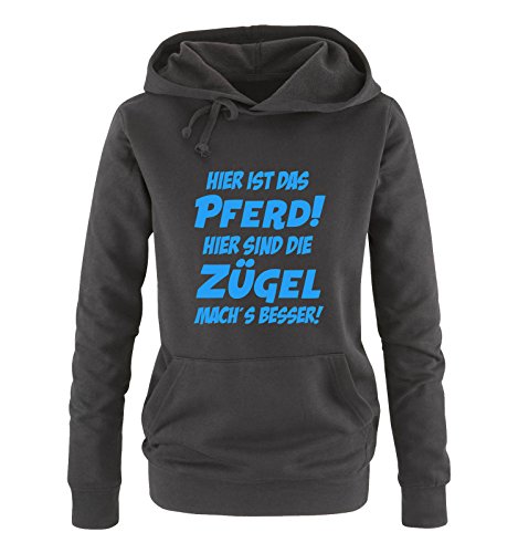Hier ist das Pferd! Hier sind die Zügel mach's Besser! - Damen Hoodie - Schwarz/Blau Gr. L