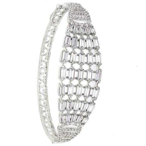 Image of ZENEME Rhodium-Plated Silver Toned American Diamond Studded Contemporary Kada Bracelet For Girls and Women