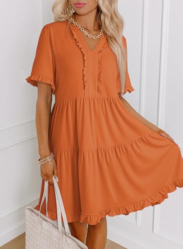Image of Dokotoo Womens Summer Dresses 2026 V Neck A Line Short Sleeve Casual Ruffle Babydoll Mini Dress