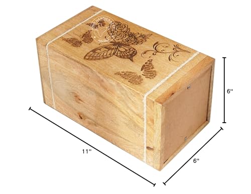 Image of Floral Engraved Wooden Urn for Human Ashes Adult - 250 Cu in Large Cremation Urn Box - Butterfly Design Funeral Memorial Urn - Solid Hardwood Burial Urn for Home or Columbarium