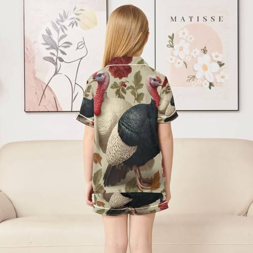 Satin Pajama Sets Short Sleeve Turkey Flowers Button Down Silky Nightwear 2 Piece PJS 5-14Y4