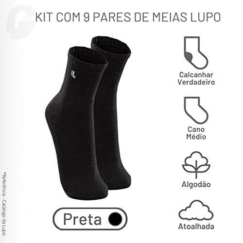 Kit 09 Pares Meia Lupo Sport Cano Médio Algodão Adulto Unissex | 9 Pretas | 41-44
