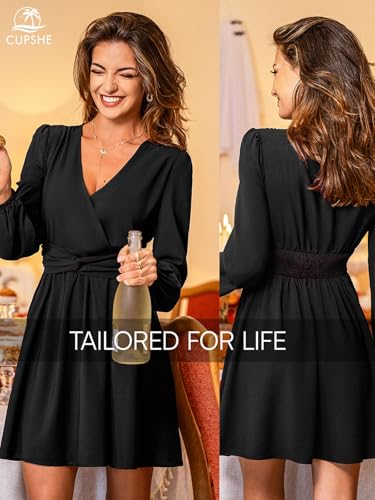 Image of CUPSHE Women's Long Sleeve Mini Dress V Neck Elegant Cocktail Party Dress Fall Flowy Wedding Guest Dress