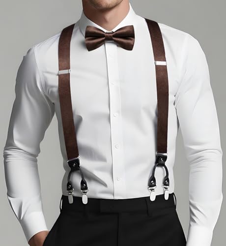 Image of Dubulle Suspender and Bow Tie for Men Paisley Solid Mens Suit Braces Pretied Bowtie and Handkerchief Cufflinks Formal Wedding