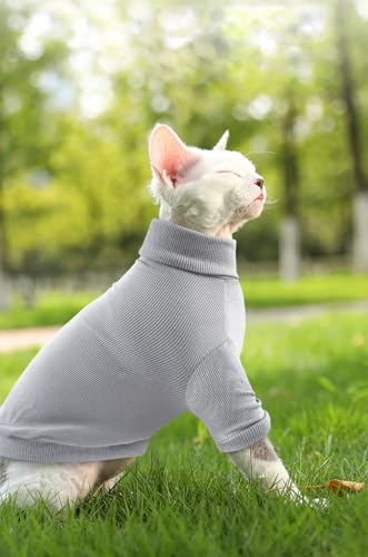 Idepet Sphynx Cat Shirt,Hairless Cats Cotton Clothes Turtleneck Sweater Breathable Pullover Kitten Apparel Adorable Vest Pajamas Jumpsuit for Cat and Small Dogs (Medium, Gray)