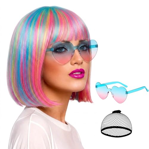 Image of Rainbow Wig, Colorful Wigs Set with Heart Sunglasses Hair Cap, Short Wigs for Women, Bachelorette, Cosplay and Halloween Costume, Fashion Rainbow Wigs for Daily Use and Special Events (Colorful)