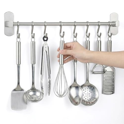 joeji's Kitchen Porte Ustensiles Adhésif Noir - Barre 40cm Avec 8 Crochets - Organiseur pour Cuisine, Salle de Bains ou Garage (Argent)