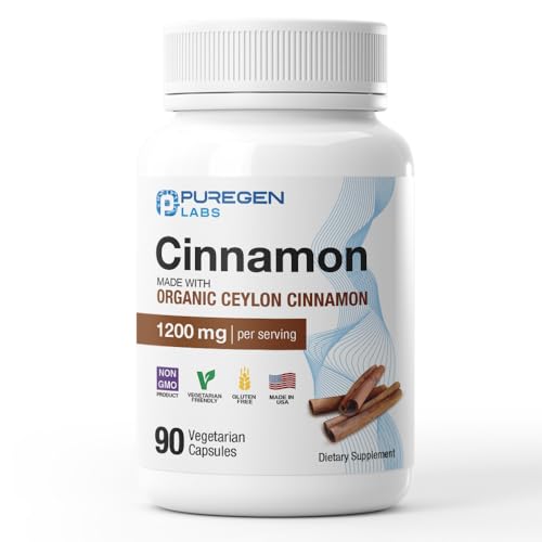 Puregen Labs Organic Cinnamon (Ceylon Cinnamon) 1,200mg Serving 90 Veggie Caps - No Harmful Additives | Non-GMO | Gluten-Free – Made in USA