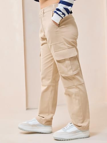 Image of Bewakoof Women's Cotton Solid Regular Fit Casual Pant | Cargo pants for woman | Lower for women | Cargo pants for women | Cotton pants for woman | Utility Cargo Pants | Lightweight & Flexible | Cargo Trouser Track Pants | Multi-Pocket | Cargo Trousers | Utility Streetwear