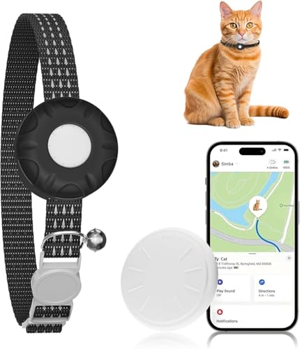 Image of Cat Tracker, Cat Tracker Collar with Safety Elastic Buckle, Works with Any Collar, GPS Tracker for Cats, Compatible with Apple Find My App (Only iOS), No Monthly Fee, Waterproof, Black