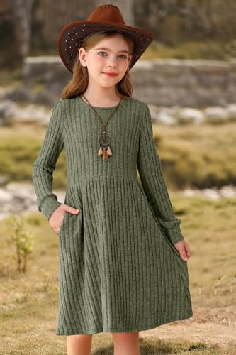 HOSIKA Girls Knit Dress Fall Long Sleeve Crew Neck Plain A-line Casual Dresses with Pockets for 6-12 Y3