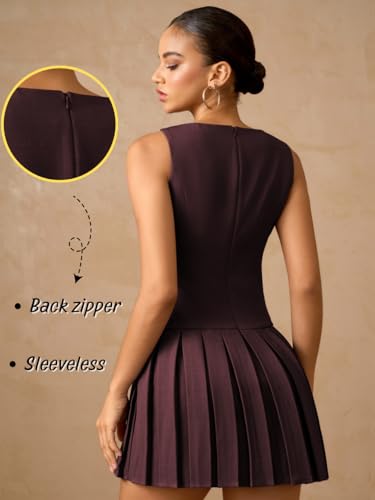 Kaei&Shi Pleated Formal Dress,Sleeveless Drop Waist Mini Dresses,Business Casual Outfits for Women Church Dinner Burgundy X-Large