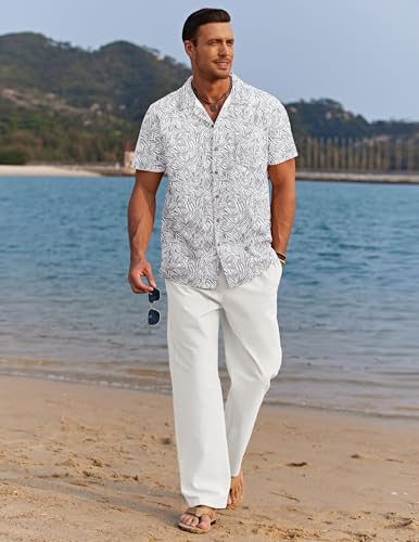 Image of COOFANDY Men 2 Piece Linen Outfit Beach Button Down Shirt Casual Loose Pant Sets
