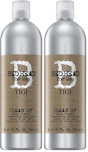 TIGI Bed Head for Men Clean Up Shampoo, champú de uso diario que limpia, hidrata y refresca el cuero cabelludo con fragancia de albahaca y menta, 750 ml (Paquete de 2)