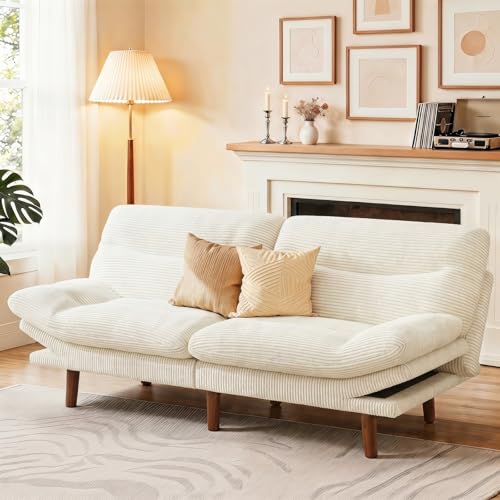 Marsail 66 Futon Sofa Bed Convertible Corduroy Futon Couch with Adjustable Backrest & Armrests Small Sleeper Sofa Loveseat for Living Room Apartment Office Pure White